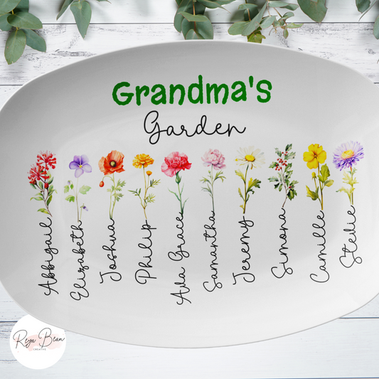 Grandma's Custom Kids Grandkids Birth Flower Platter