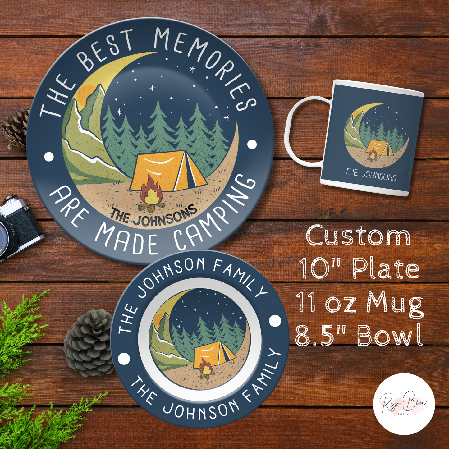 Custom "The Best Memories are Made Camping" Plate Set - Unbreakable BPA-Free Matching Plate, Mug & Bowl