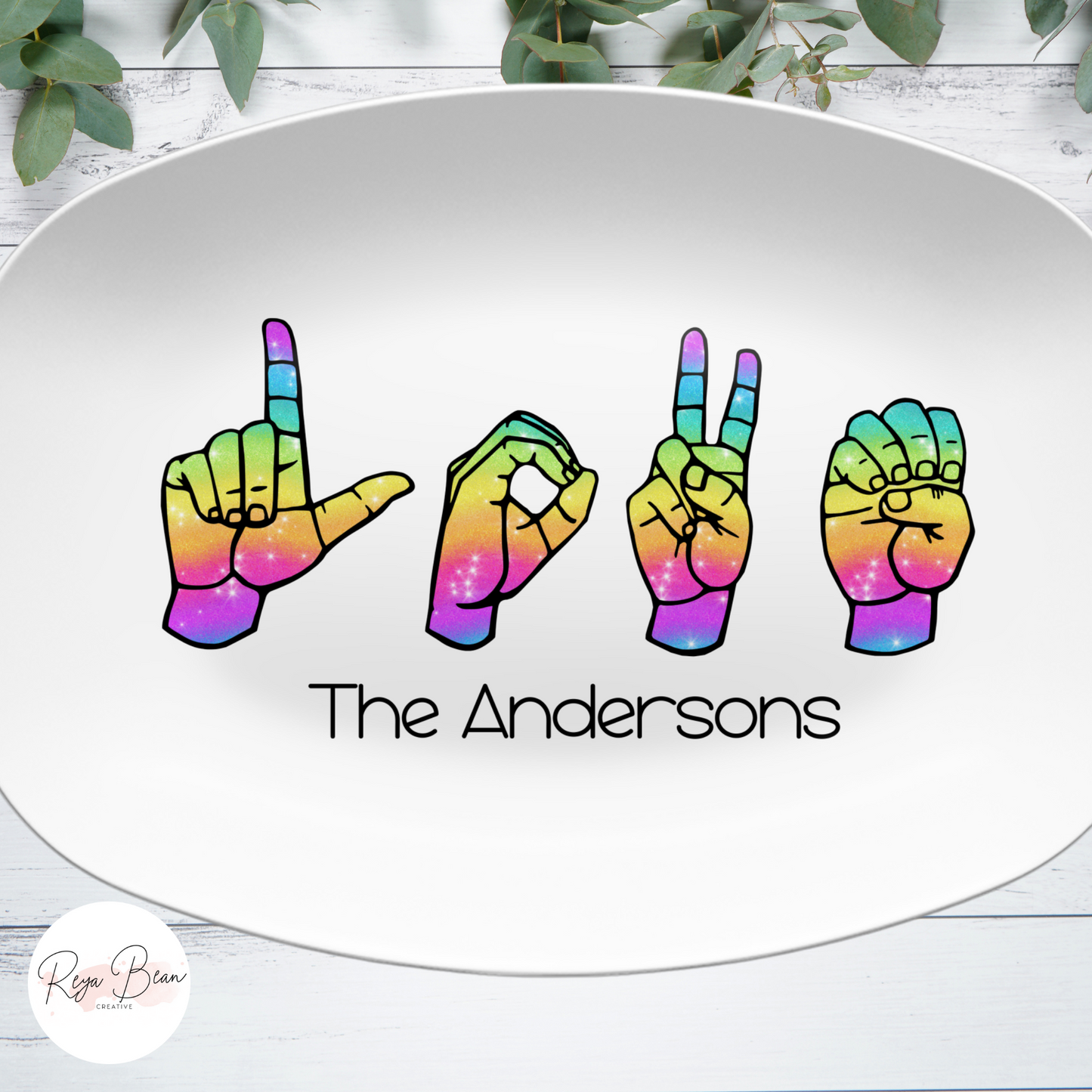 Sign Language Custom Family Name Platter, Personalized ASL Love Keepsake Display Tray, Rainbow Deaf Culture Serving Plate Dinnerware Decor