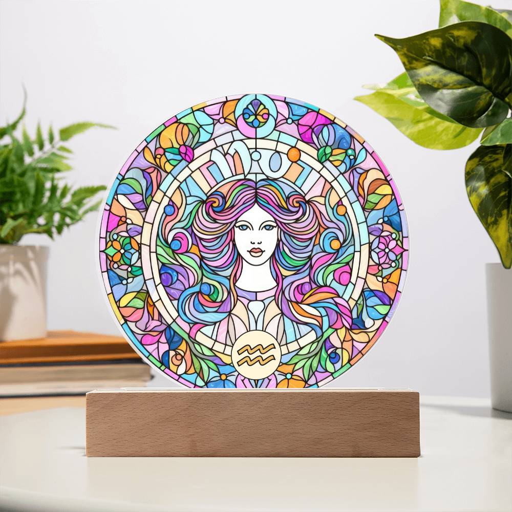 Zodiac Sign Night Light – LED Zodiac Plaque | Faux Stained Glass Art, Cosmic Ambient Light