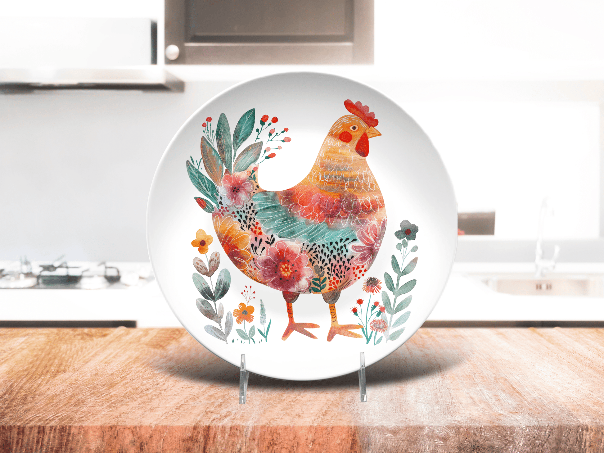 Chicken Housewarming Party Plates Gift, Folk Chicken Floral Plate Set, Fun Homesteader Gift Whimsical Roosters