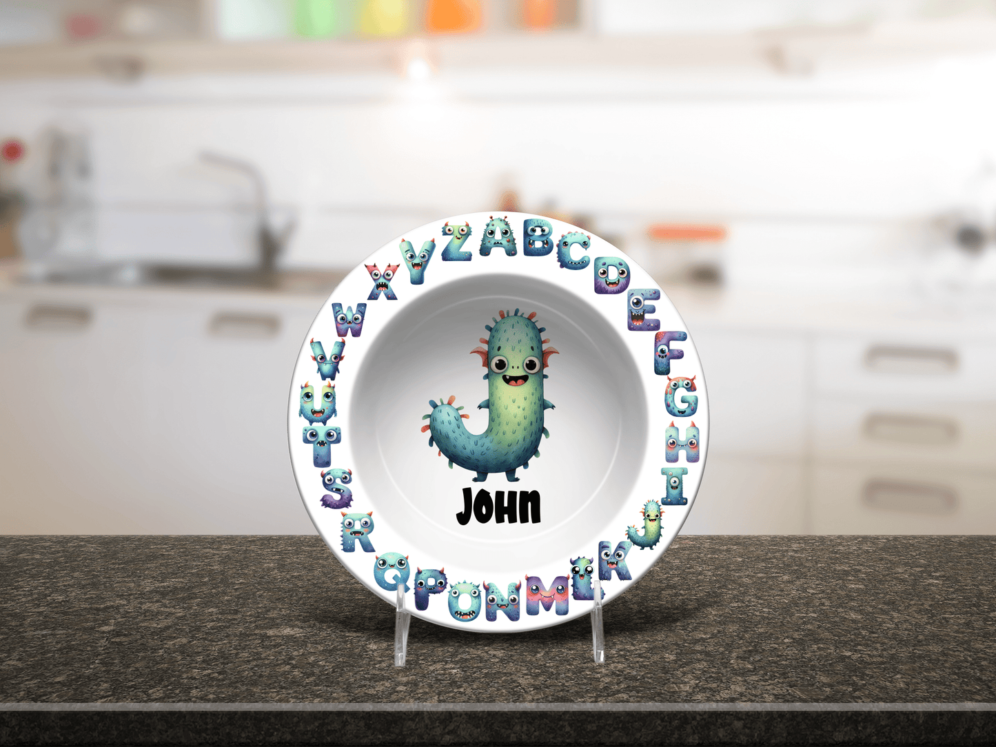 Custom Cute Monster Alphabet BPA-Free Dinnerware Set - Plate Bowl Placemat Fork and Spoon 