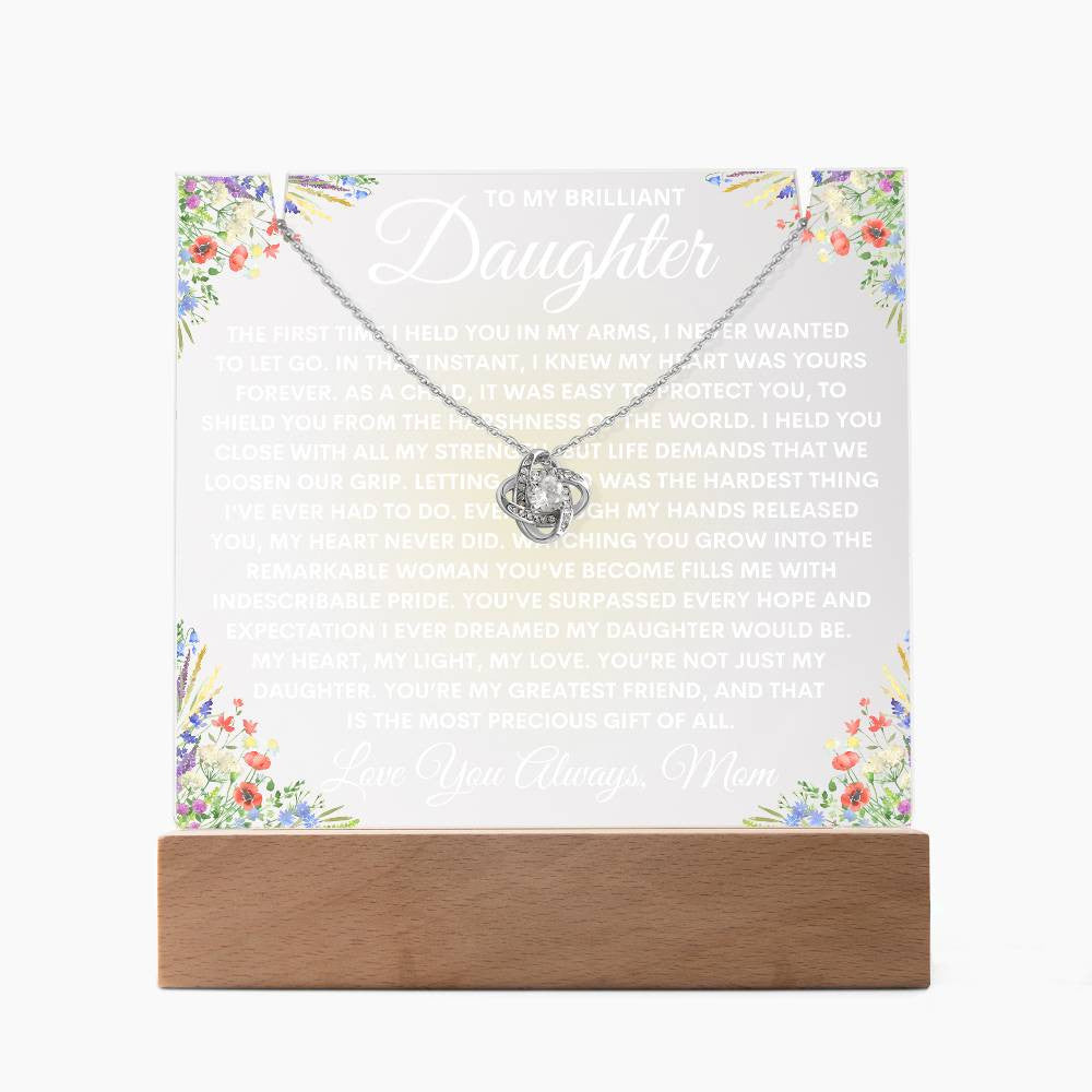 Mom to Daughter Gift Light Up Acrylic Plaque Necklace Bundle, Floral Love Knot Necklace Keepsake Acrylic, Daughter Birthday Night Light Gift