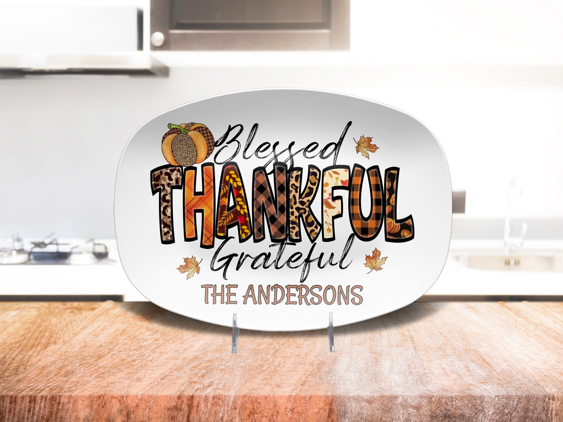 Custom Blessed Thankful Grateful Thanksgiving Platter, 10 x 14" Unbreakable DecoWare