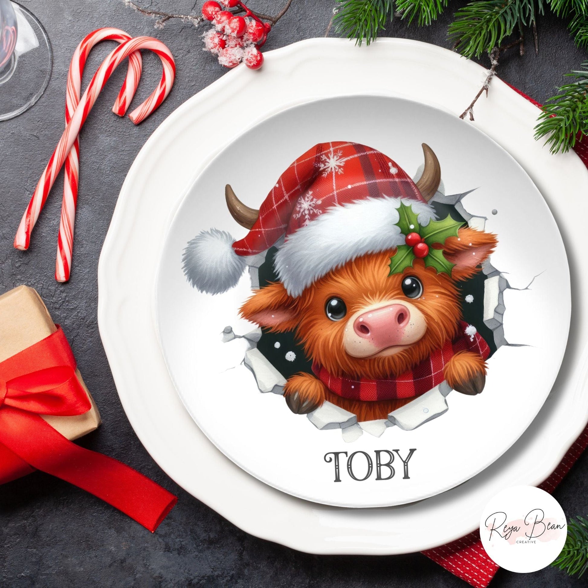 Highland Cow Christmas Plates Unbreakable DecoPlate Dinnerware - Set of 8