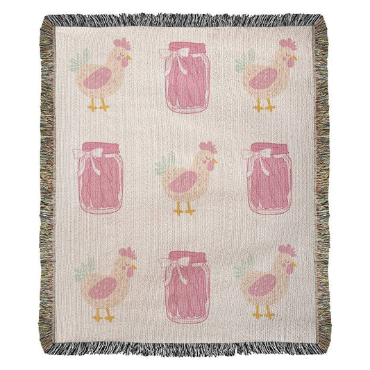 Coquette Pickles and Chickens Woven Heirloom Blanket Cotton, Cute Chickens Pink Pickles Bows, Coquette Aesthetic Cottagecore Home Decor Couch Throw