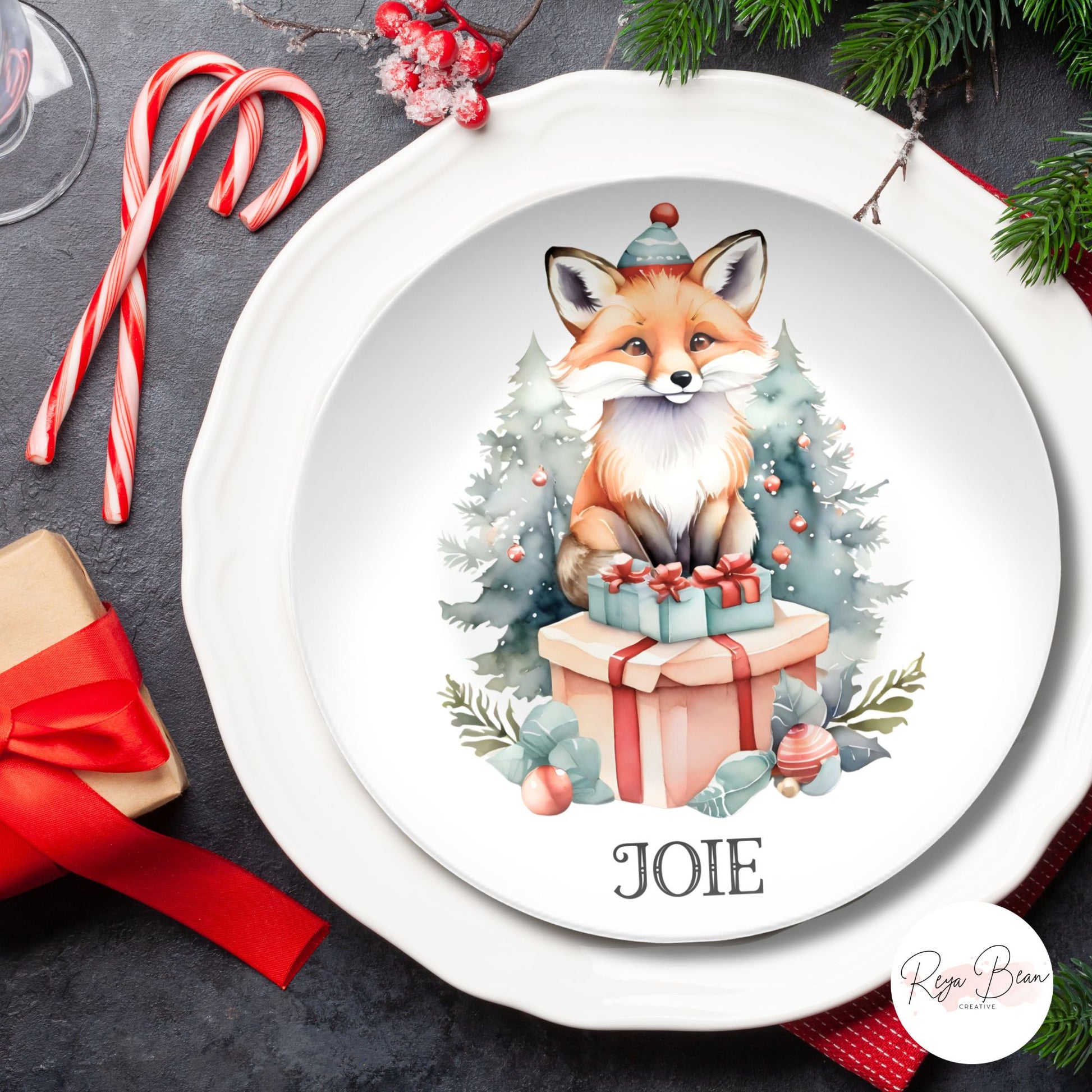 Christmas Animal Plates Cute, Unbreakable DecoPlate Dinnerware Set of 6 Xmas Dishes, Holiday Dining Set Gift Hedgehog Fox Raccoon Owl Deer