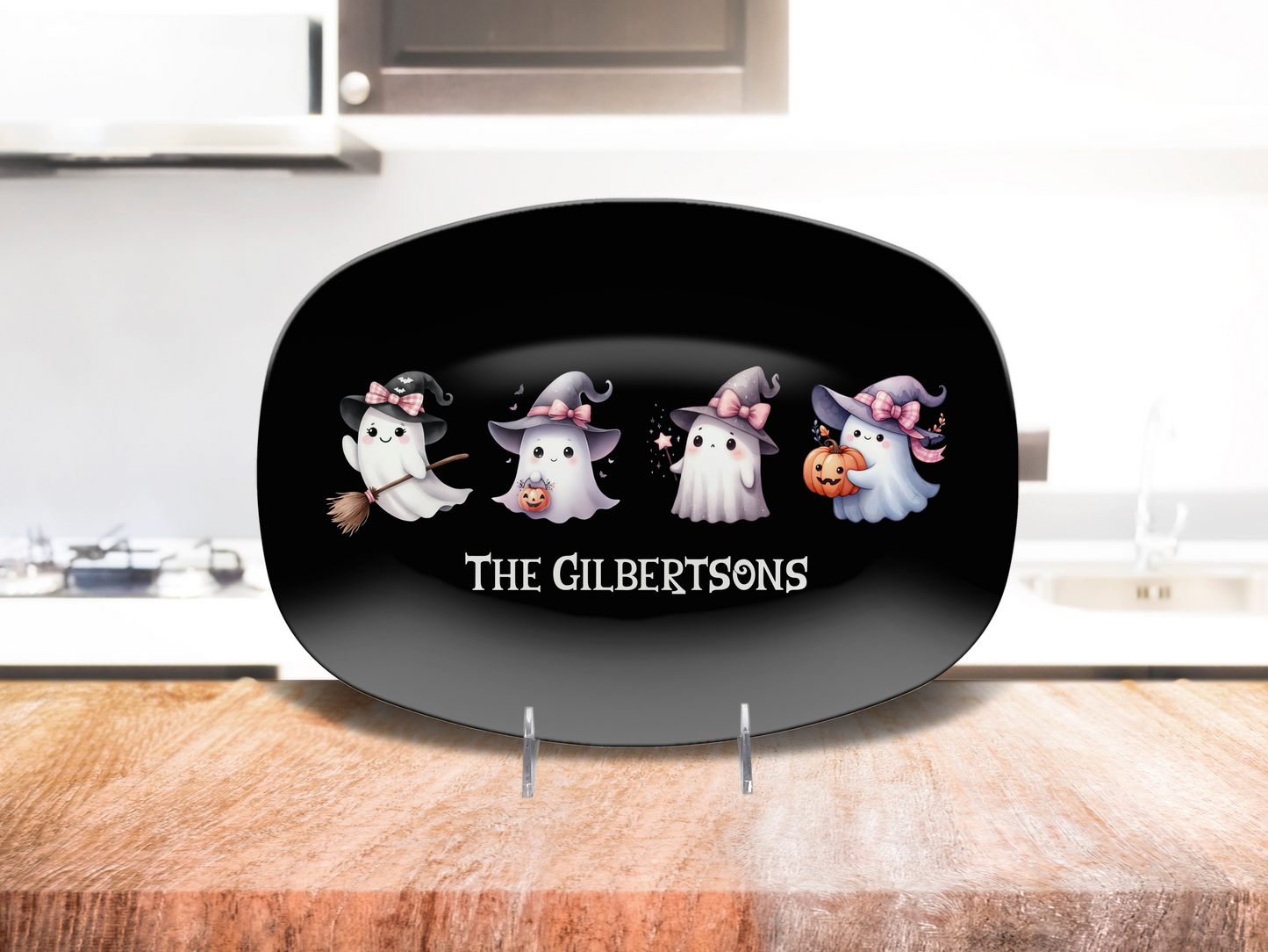 Custom Halloween Platter Family Name, Cute Coquette Ghosts, Personalized Candy Plate, Trick or Treat Unique Unbreakable Gift Tray 10 x 14"