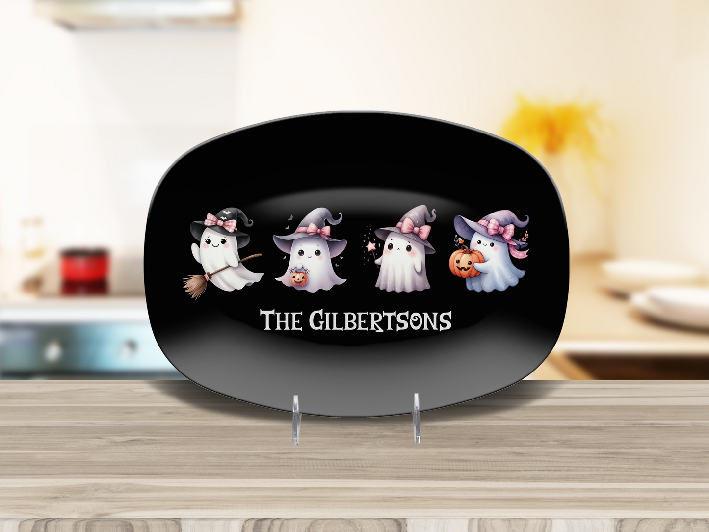 Custom Halloween Platter Family Name, Cute Coquette Ghosts, Personalized Candy Plate, Trick or Treat Unique Unbreakable Gift Tray 10 x 14"