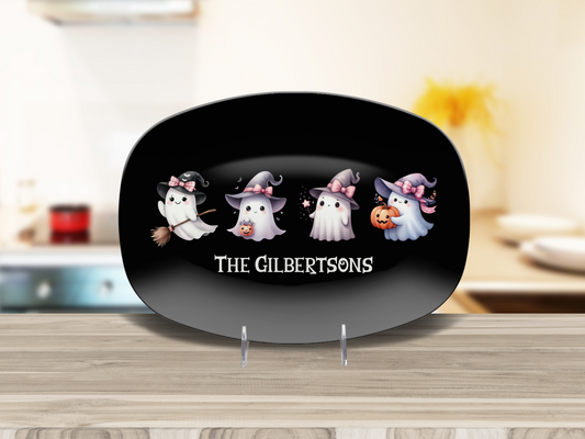 Custom Halloween Platter Family Name, Cute Coquette Ghosts, Personalized Candy Plate, Trick or Treat Unique Unbreakable Gift Tray 10 x 14"