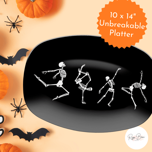 Dancing Skeleton Halloween Platter, Gothic Spooky Halloween Party Plate 10 x 14" Unbreakable Serving Tray, Fun Skeleton Decor Goth Kitchen