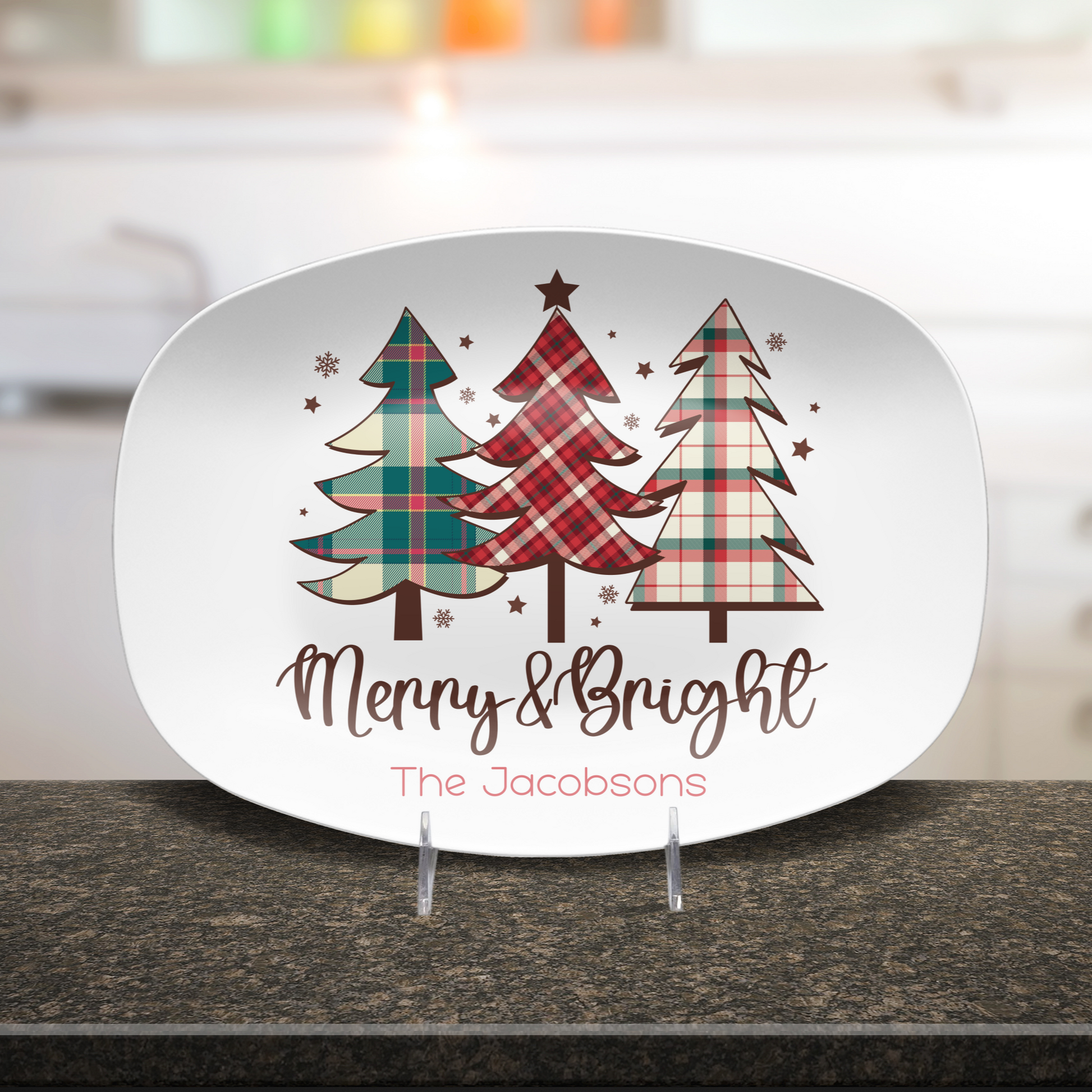 Custom Christmas Platter, Festive Holiday Kitchen Tray Merry & Bright, Personalized Family Name Holiday Plate, Unbreakable BPA-Free 10 x 14"