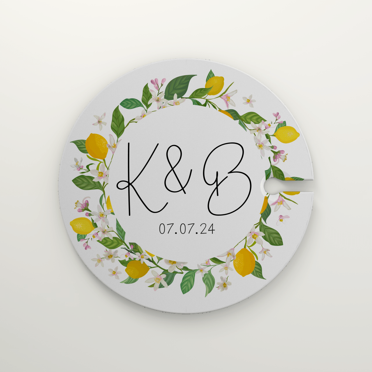 Custom Bright Floral Wedding Cocktail Hour Appetizer Wine Glass Holder and Lemon Wreath Food Plate, Personalized Wedding Date and Couple's Initials, Unique Couple Gift Wedding Day