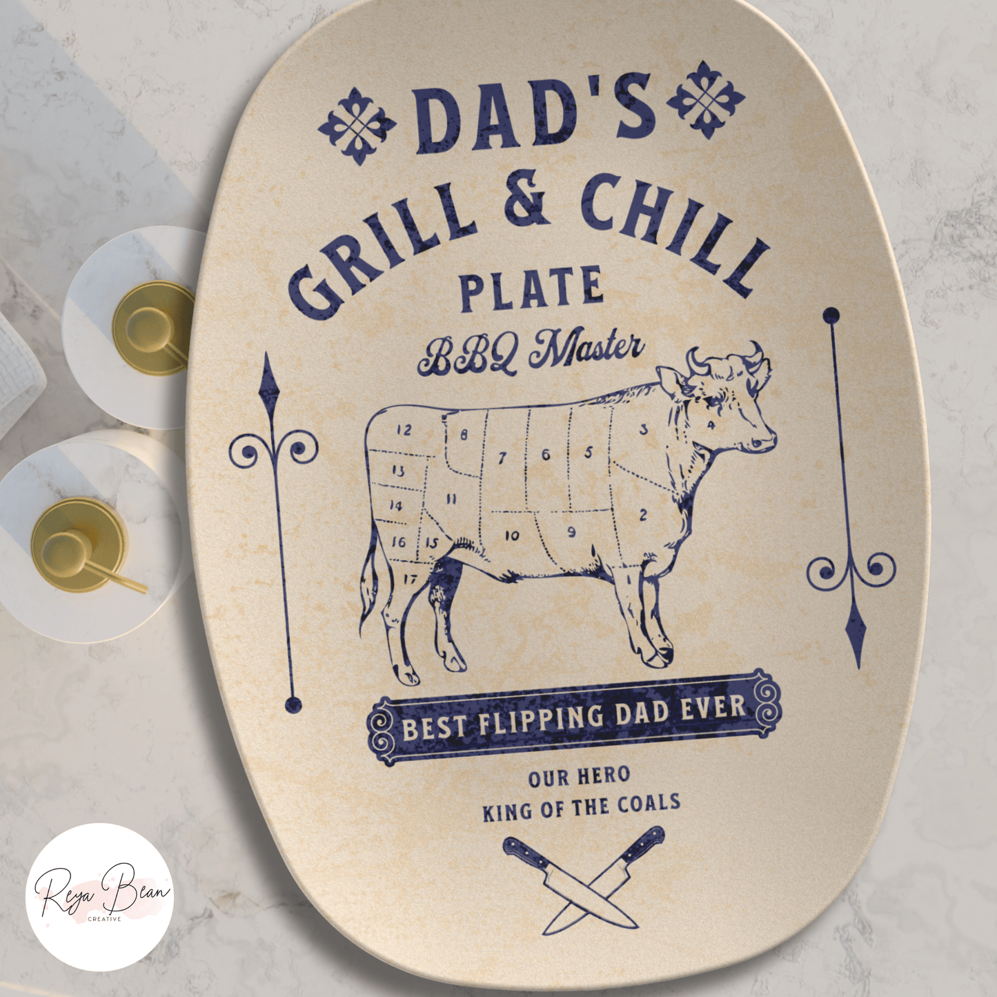 Custom Father's Day Meat Cut Cow Platter - Grilling Plate Gift for Dad