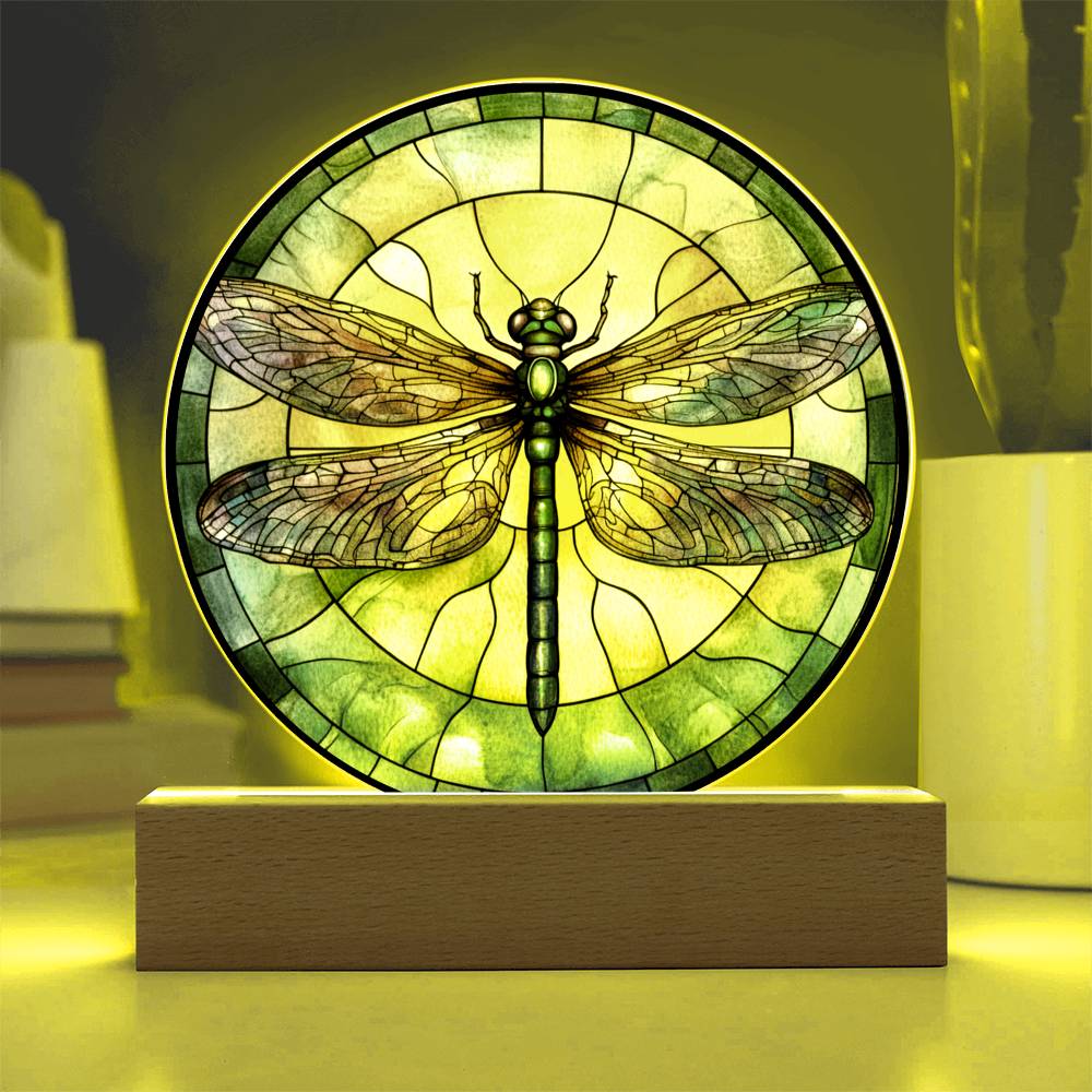 Dragonfly LED Night Light – Round Acrylic Plaque With Faux Stained Glass Glow