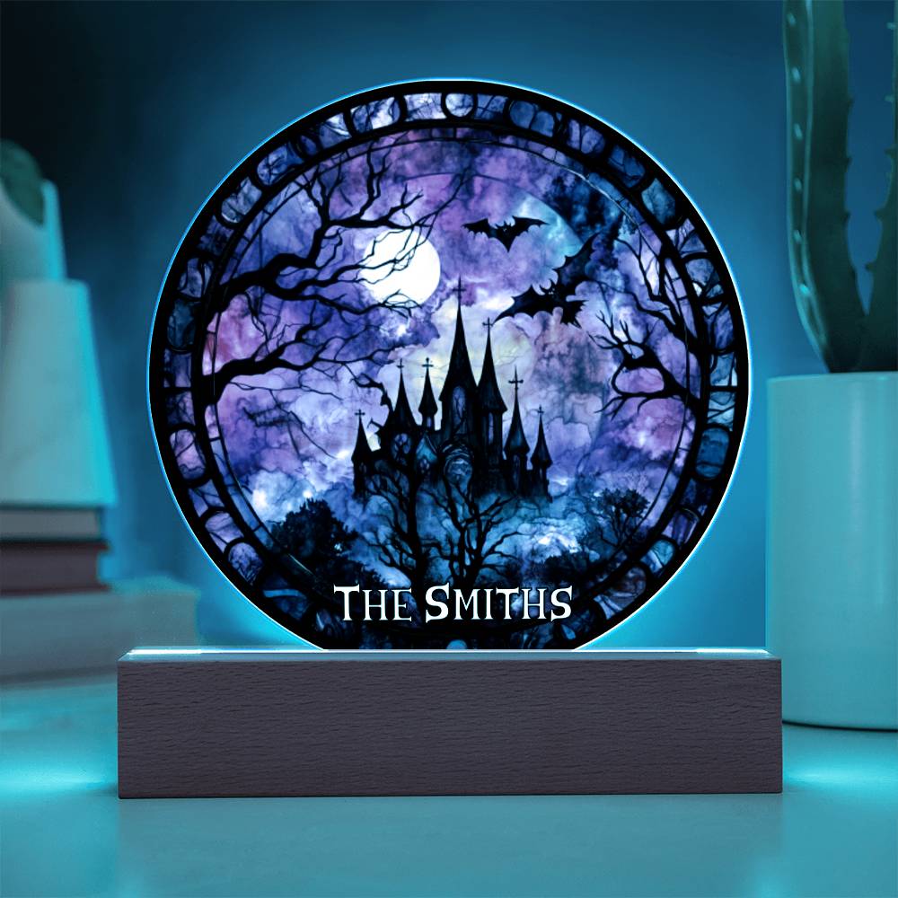 Custom Name Halloween Decoration Light Up Round Acrylic Plaque, Goth Party Light LED, Skull Haunted House Bats Witch Faux Stained Glass