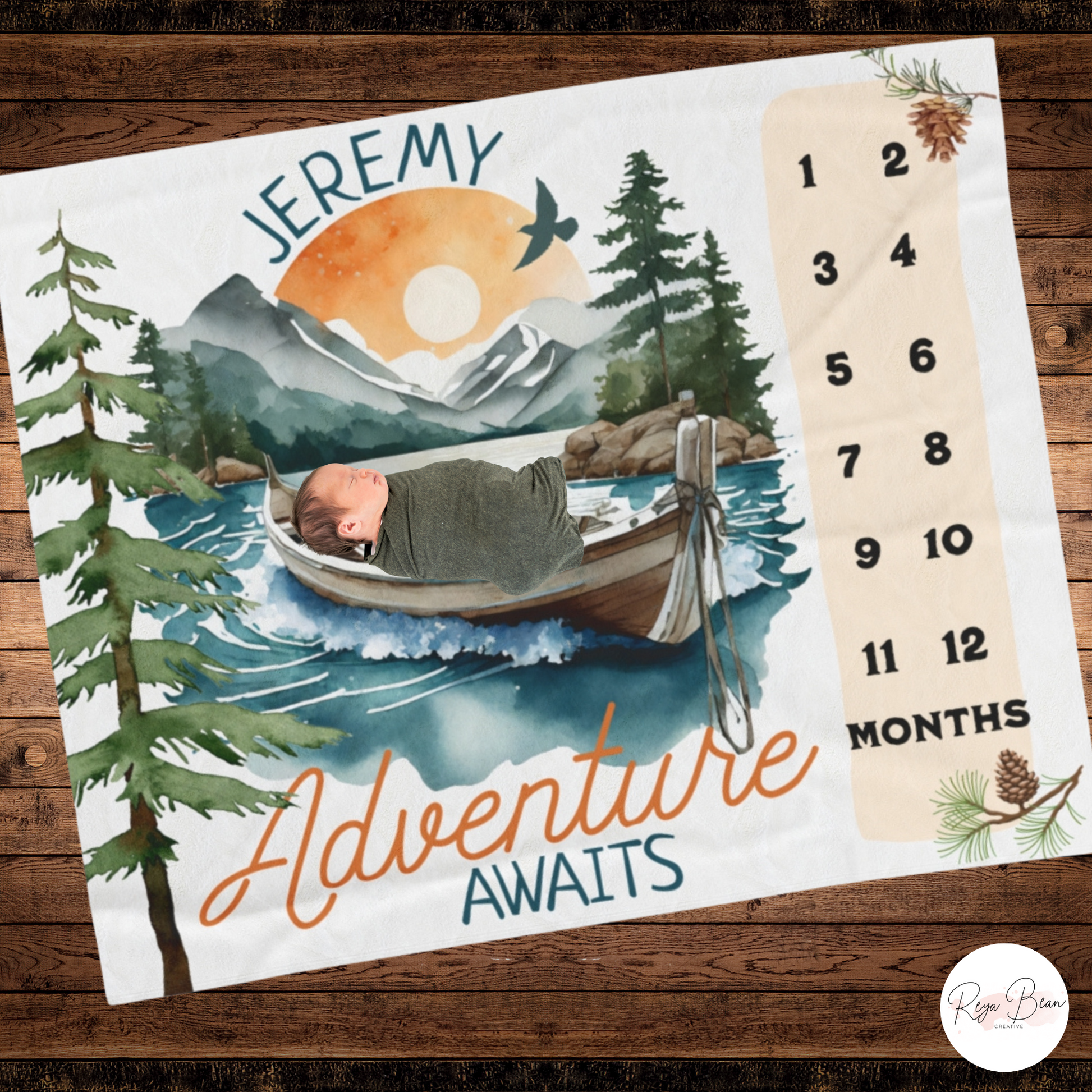 Adventure Awaits Baby Milestone Velveteen Blanket for Boy, Custom Outdoor Theme 50 x 60" Plush Nursery Throw Monthly Photo Shoot Mountains