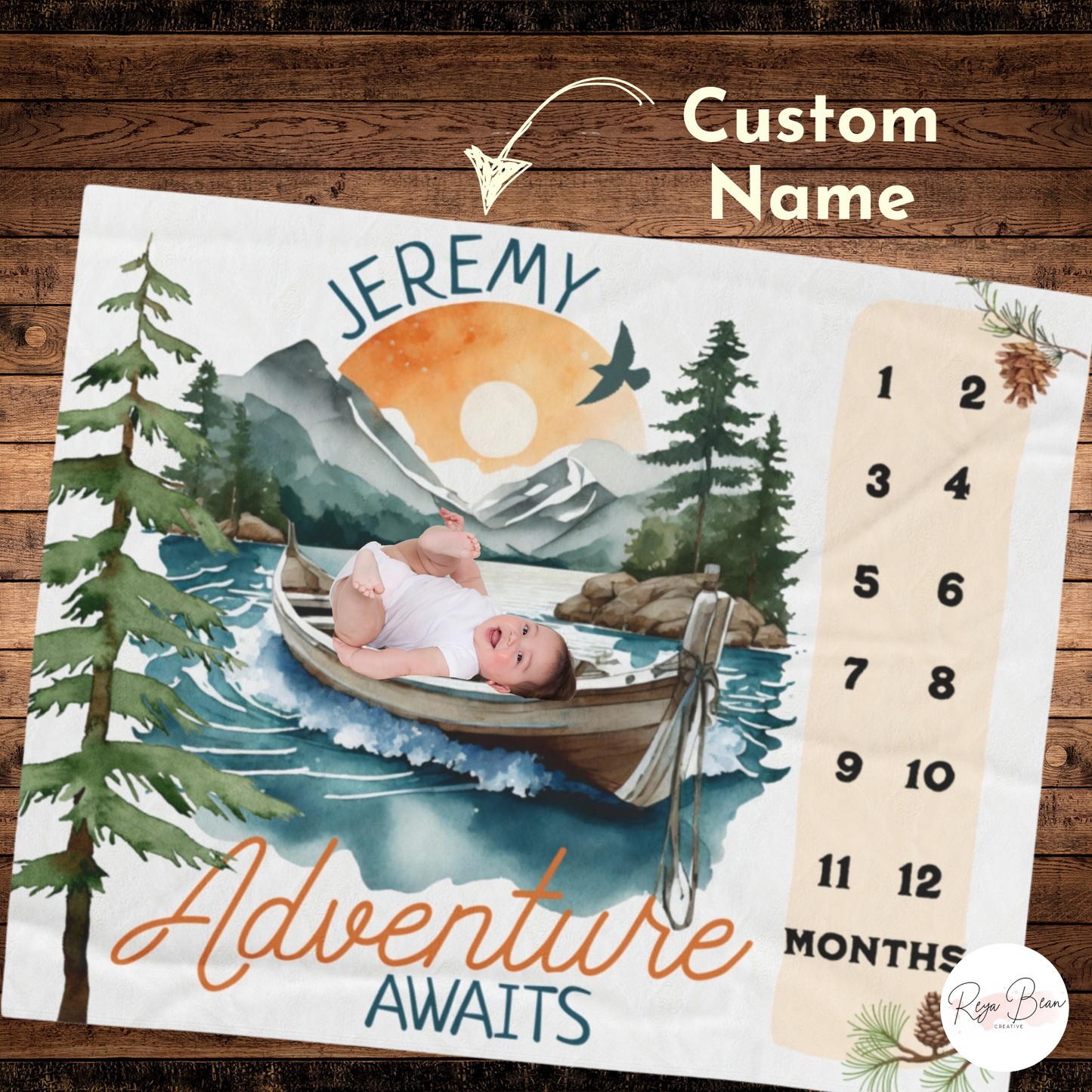 Adventure Awaits Baby Milestone Velveteen Blanket for Boy, Custom Outdoor Theme 50 x 60" Plush Nursery Throw Monthly Photo Shoot Mountains