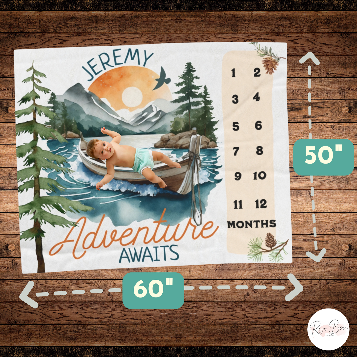 Adventure Awaits Baby Milestone Velveteen Blanket for Boy, Custom Outdoor Theme 50 x 60" Plush Nursery Throw Monthly Photo Shoot Mountains