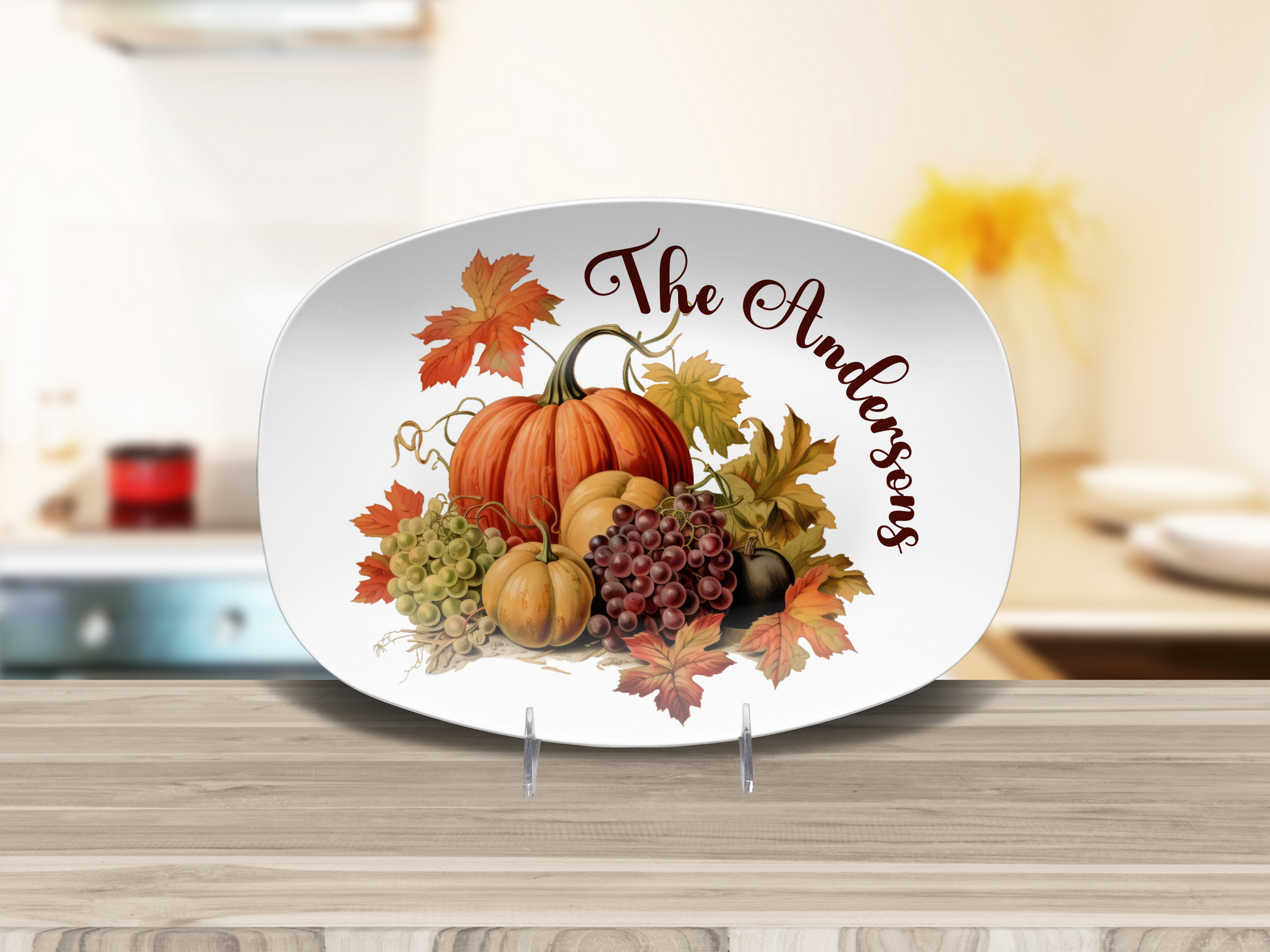 Custom Thanksgiving Platter, Family Tradition Pumpkin Serving Plate, Personalized Fall Harvest Serving Tray 10 x 14" Unbreakable DecoWare