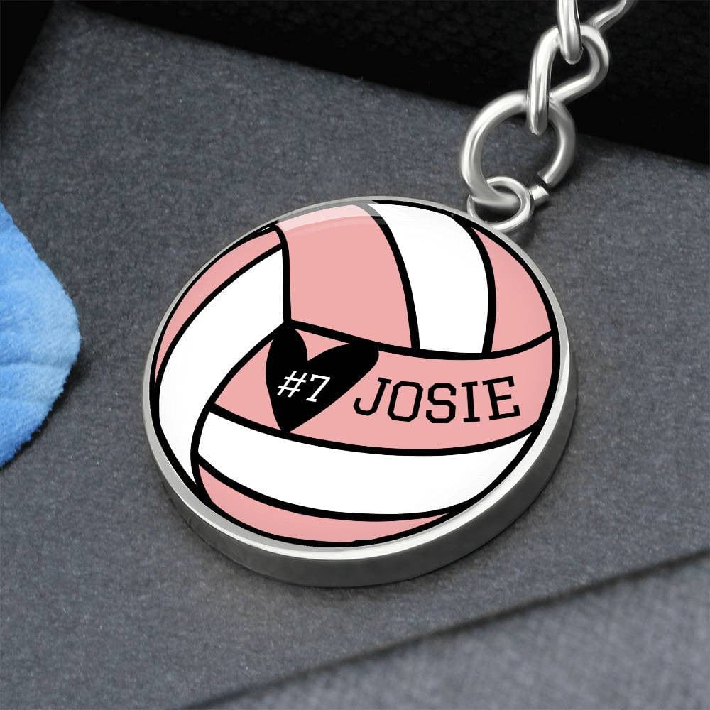 Custom Volleyball Pink Keychain for Her, Personalized Vball Player Name Sports Number Circle Engraved Team Gift, Coaches Gift Senior Night