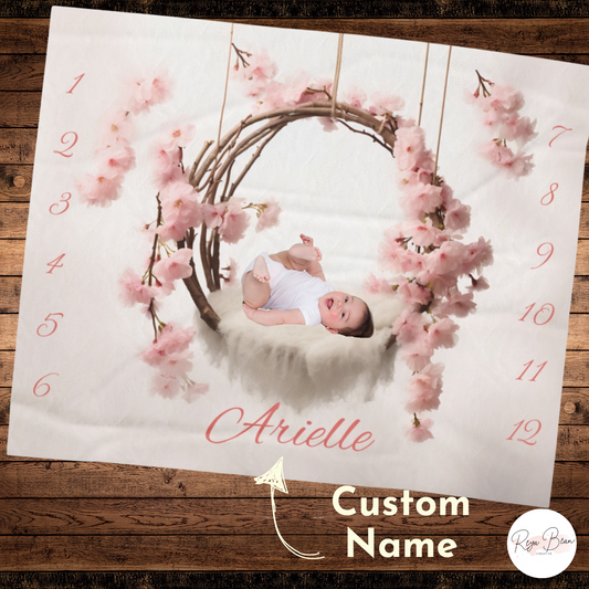 Baby's Custom First Year Milestone Blanket Velveteen, Floral Newborn Plush Pink Blanket for Girl, Unique Baby Name Monthly Photoshoot Idea