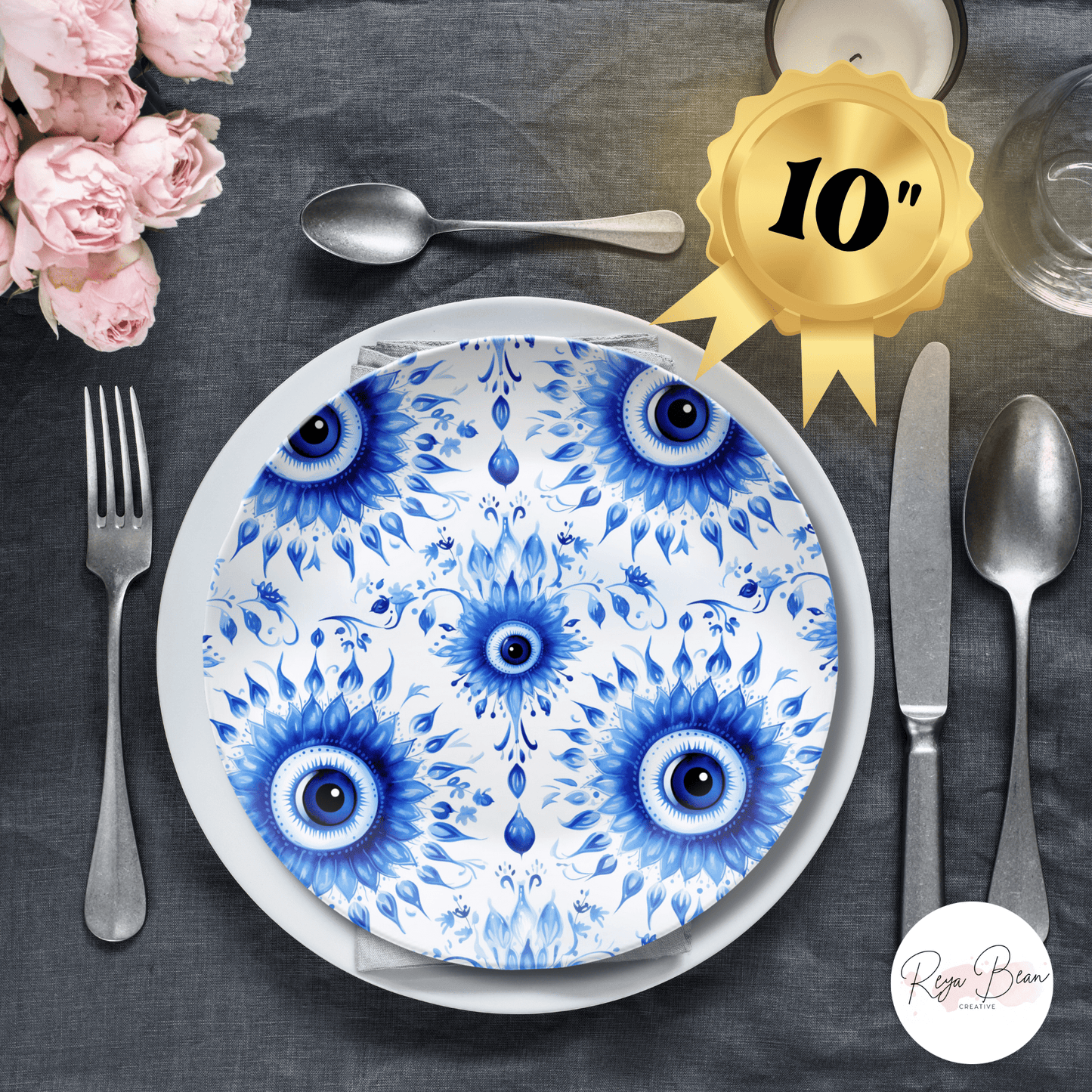 Evil Eye Housewarming Party Plates Gift, Blue White Eyeballs Unbreakable Set of 8 Plates, Quirky Hostess Gift Made in the USA Dinnerware,