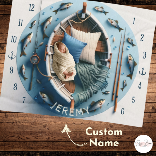 Fishing Baby Milestone Velveteen Blanket for Boy, Custom Outdoor Theme 50 x 60" Plush Nursery Throw Monthly Photo Shoot Row Boat Fish Theme