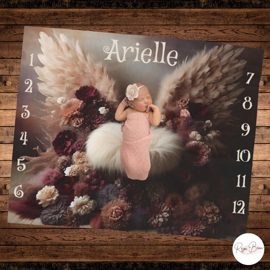 Custom Fairycore Baby Milestone Blanket First Year Angel Wings, Muted Floral Velveteen Newborn Blanket Girl, Unique Baby Name Monthly Photo