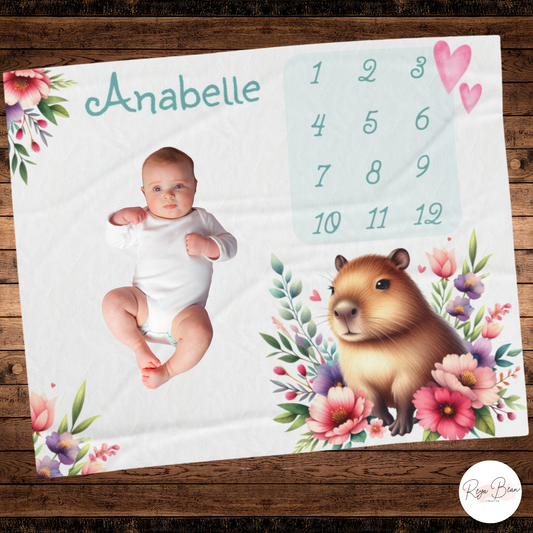 Capybara Baby Milestone Velveteen Blanket, Custom Capybara Floral 50 x 60" Plush Nursery Throw Monthly Photo Shoot Backdrop Baby Shower Gift