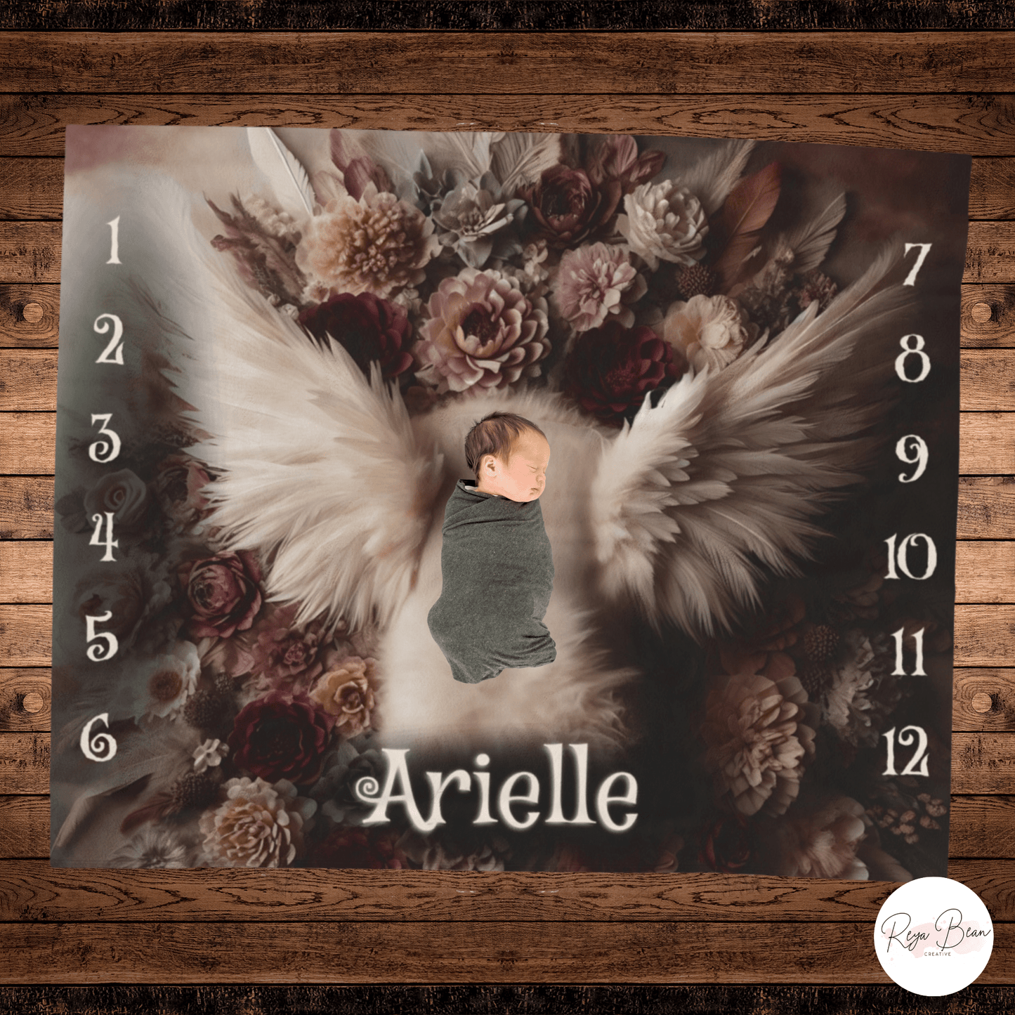 Fairycore Custom First Year Angel Wings Milestone Velveteen Baby Blanket, Floral Muted Baby Blanket Girl, Unique Baby Name Monthly Photoshoot Idea