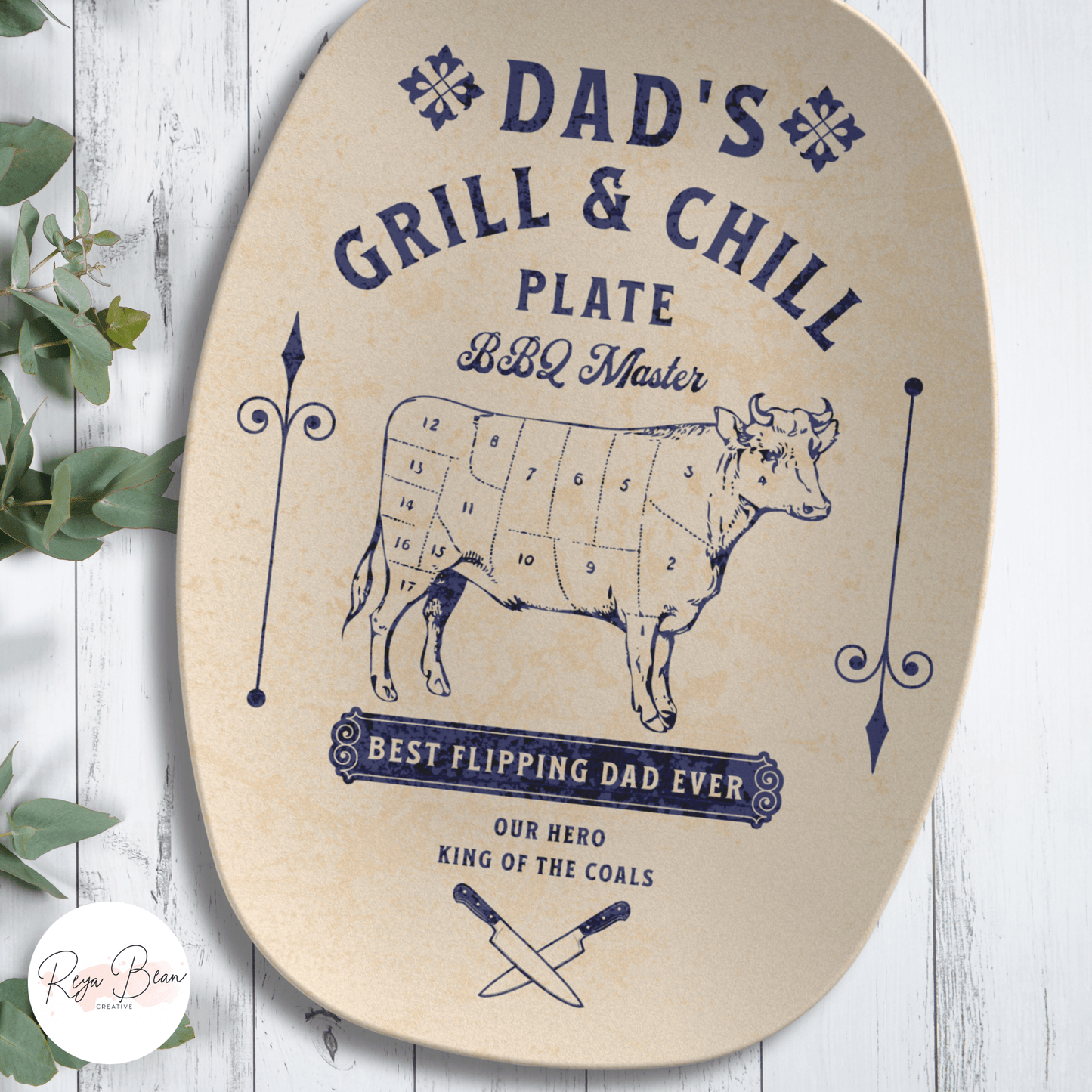 Custom Father's Day Meat Cut Cow Platter Gift for Dad, Dad's Chill and Grill BBQ Master King of the Coals Serving Tray, Dad's Grilling Plate