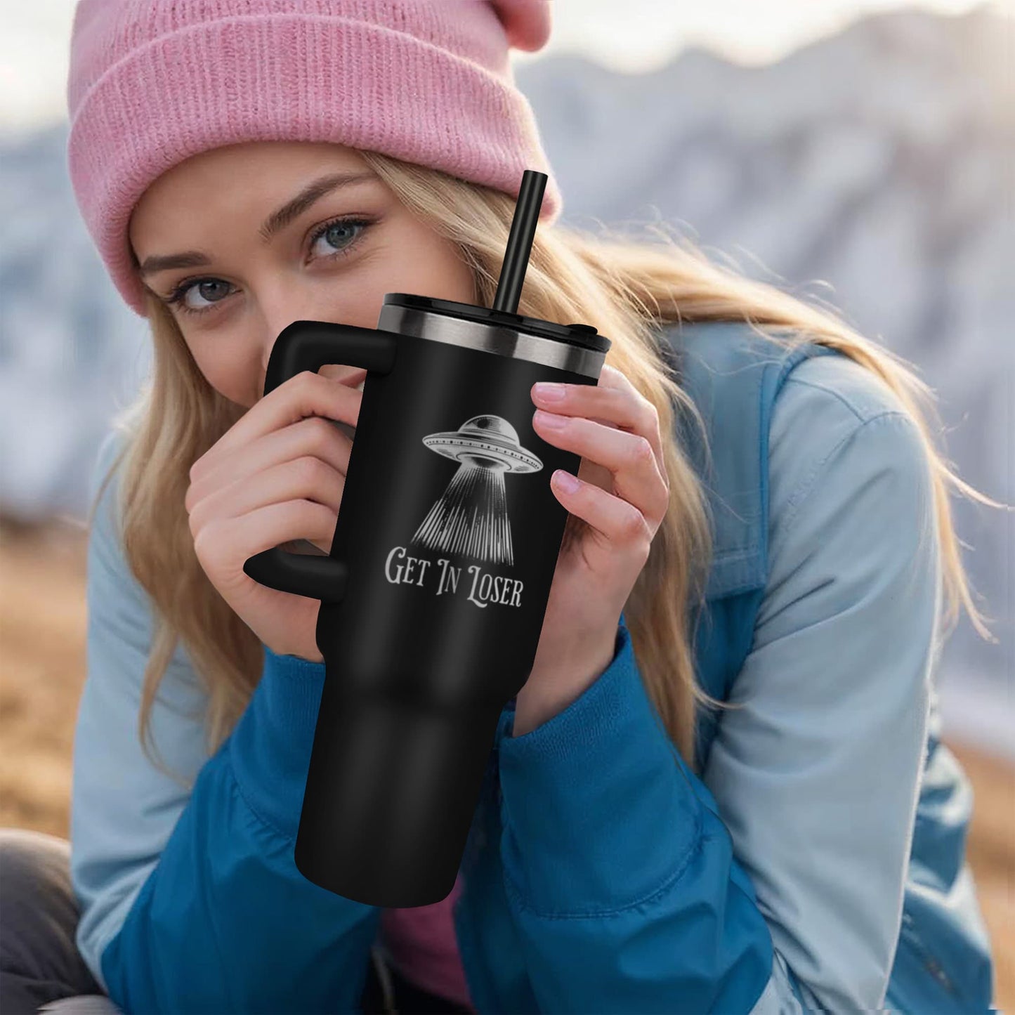 Get in Loser Alien Spaceship Laser engraved 40oz Tumbler, Funny Insulated Mug with Straw, Nerd Humor UFO Flying Saucer, Sci-Fi Fan Gift Mug