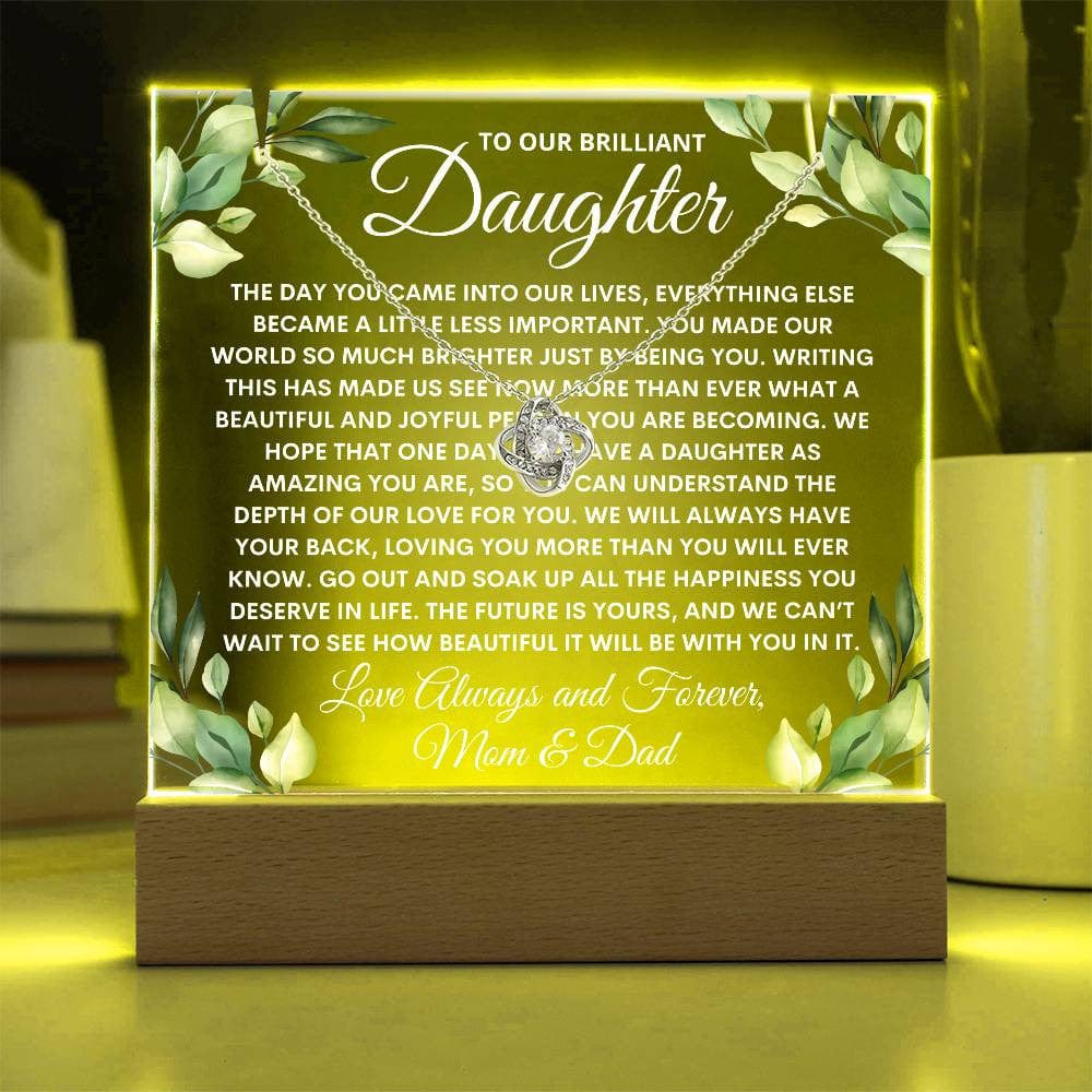 Letter to Daughter Light Up Acrylic Plaque Necklace Bundle, Greenery Love Knot Necklace Keepsake Acrylic, Daughter Birthday Night Light Gift