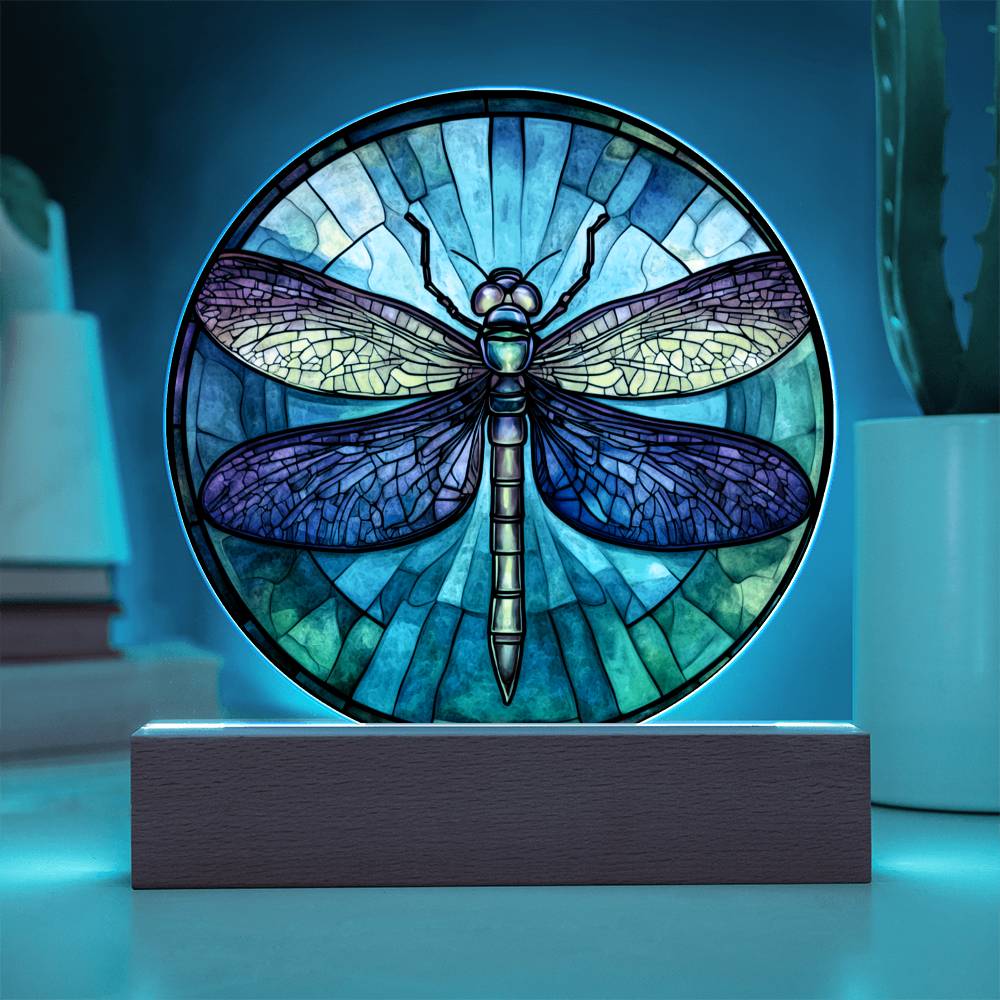 Dragonfly LED Night Light – Round Acrylic Plaque With Faux Stained Glass Glow