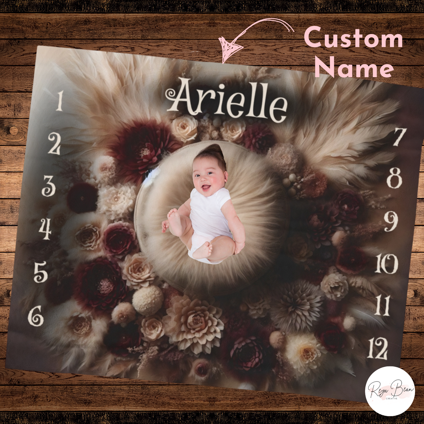 Custom Fairycore Boho Baby Milestone Blanket First Year Angel Wings, Muted Floral Velveteen Newborn Blanket Girl, Unique Baby Name Monthly Photo