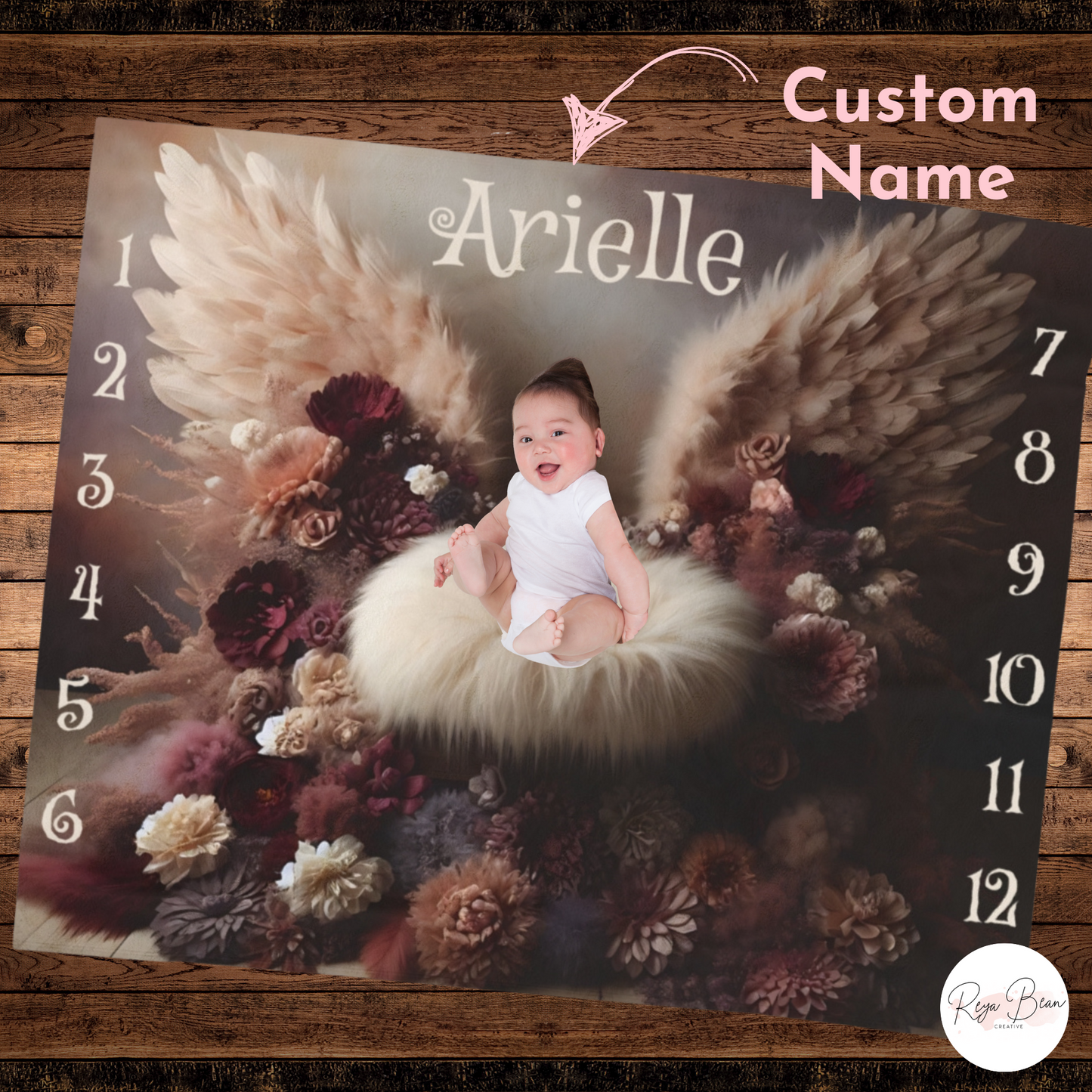 Custom Fairycore Baby Milestone Blanket First Year Angel Wings, Muted Floral Velveteen Newborn Blanket Girl, Unique Baby Name Monthly Photo