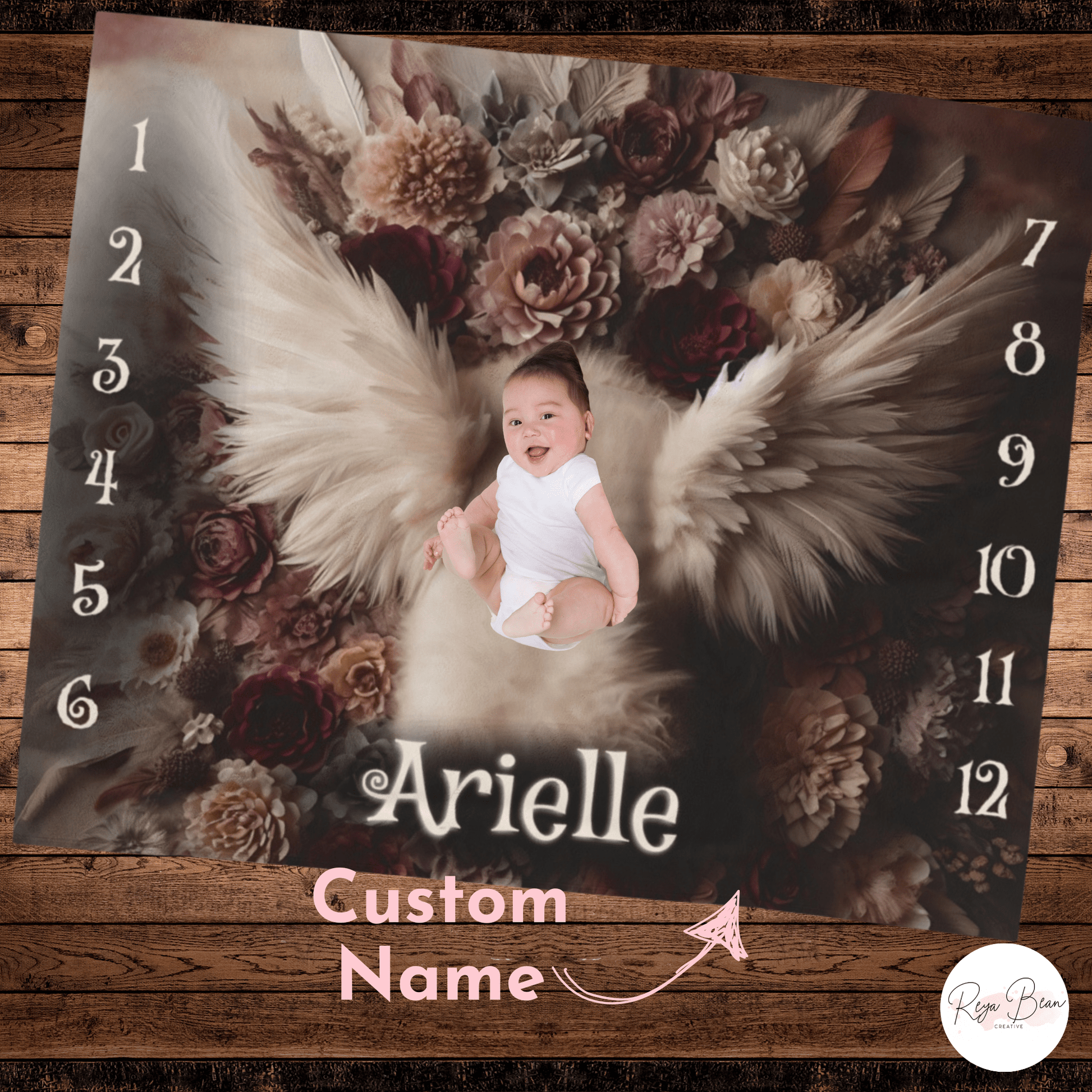 Fairycore Custom First Year Angel Wings Milestone Velveteen Baby Blanket, Floral Muted Baby Blanket Girl, Unique Baby Name Monthly Photoshoot Idea