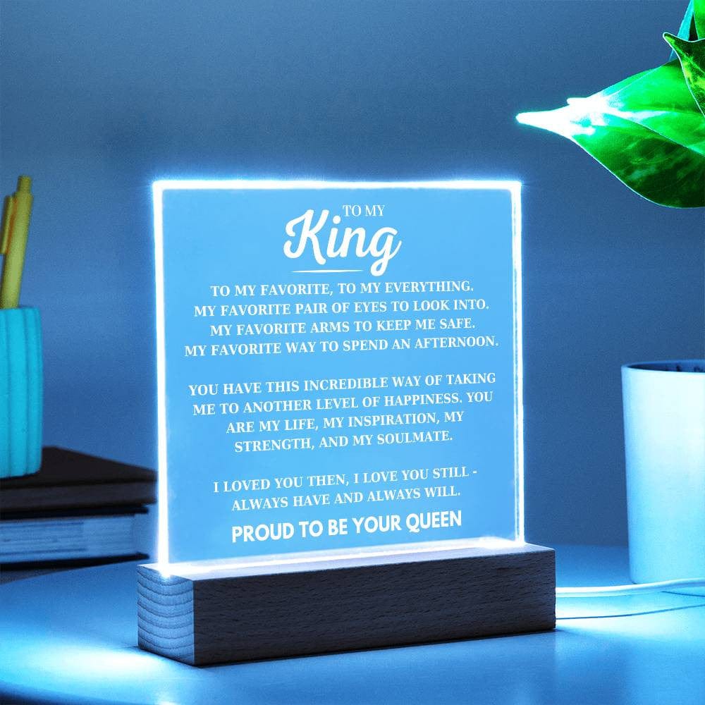 To My King Desk Plaque from Your Proud Queen, Boyfriend Birthday Acrylic Square Plaque, Husband Favorite Person LED Light Up Desk Plaque