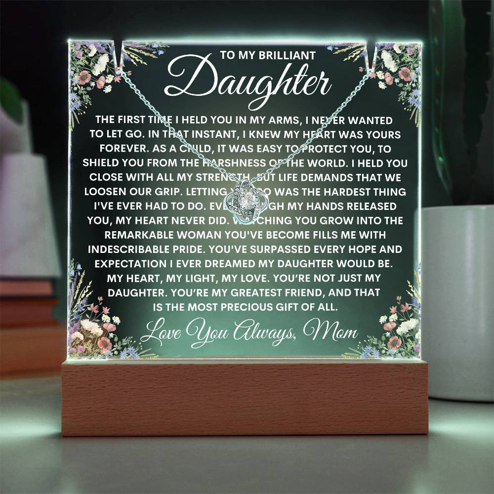 Mom to Daughter Gift Light Up Acrylic Plaque Necklace Bundle, Floral Love Knot Necklace Keepsake Acrylic, Daughter Birthday Night Light Gift