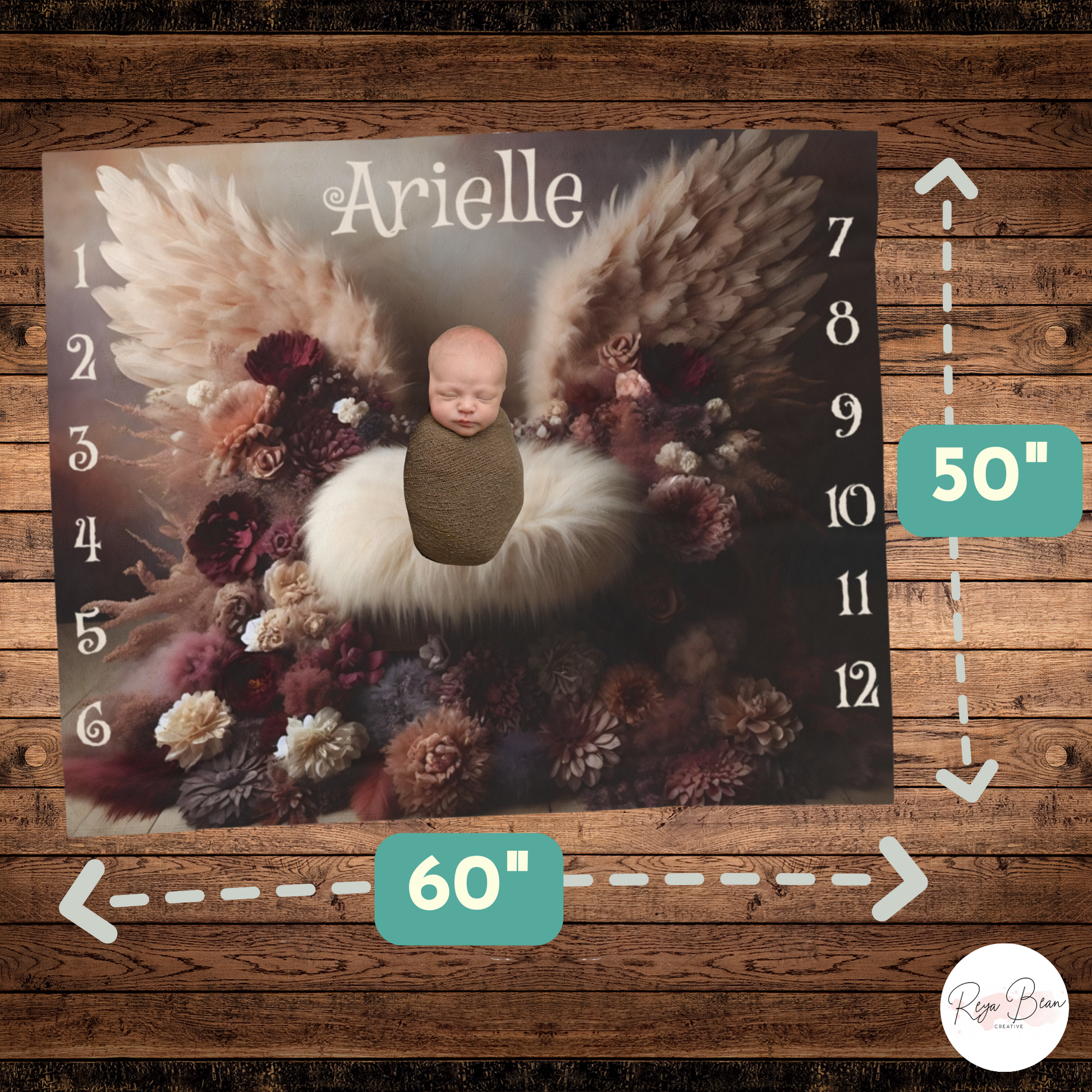 Custom Fairycore Baby Milestone Blanket First Year Angel Wings, Muted Floral Velveteen Newborn Blanket Girl, Unique Baby Name Monthly Photo