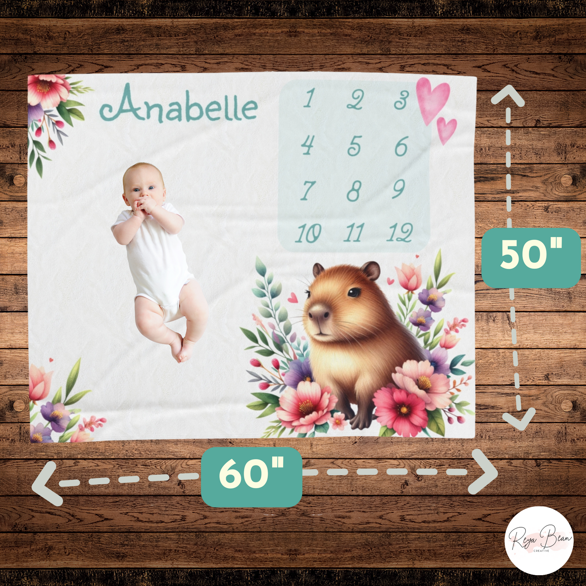 Capybara Baby Milestone Velveteen Blanket, Custom Capybara Floral 50 x 60" Plush Nursery Throw Monthly Photo Shoot Backdrop Baby Shower Gift