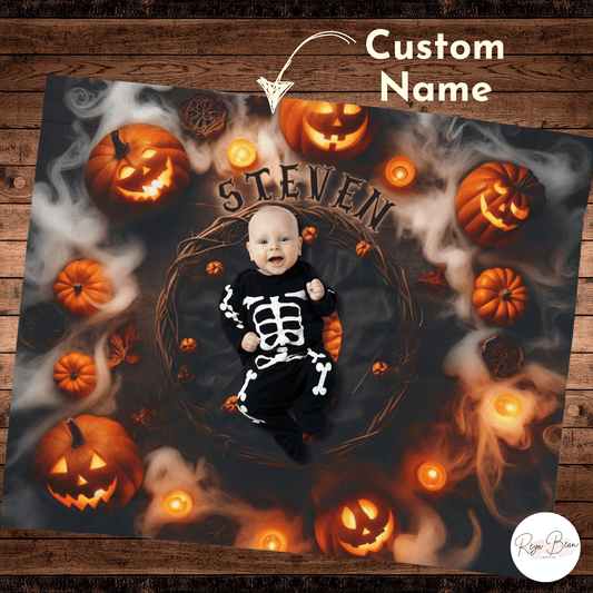 First Halloween Spooky Pumpkins Baby Photoshoot Milestone Backdrop Velveteen Blanket, 50 x 60"