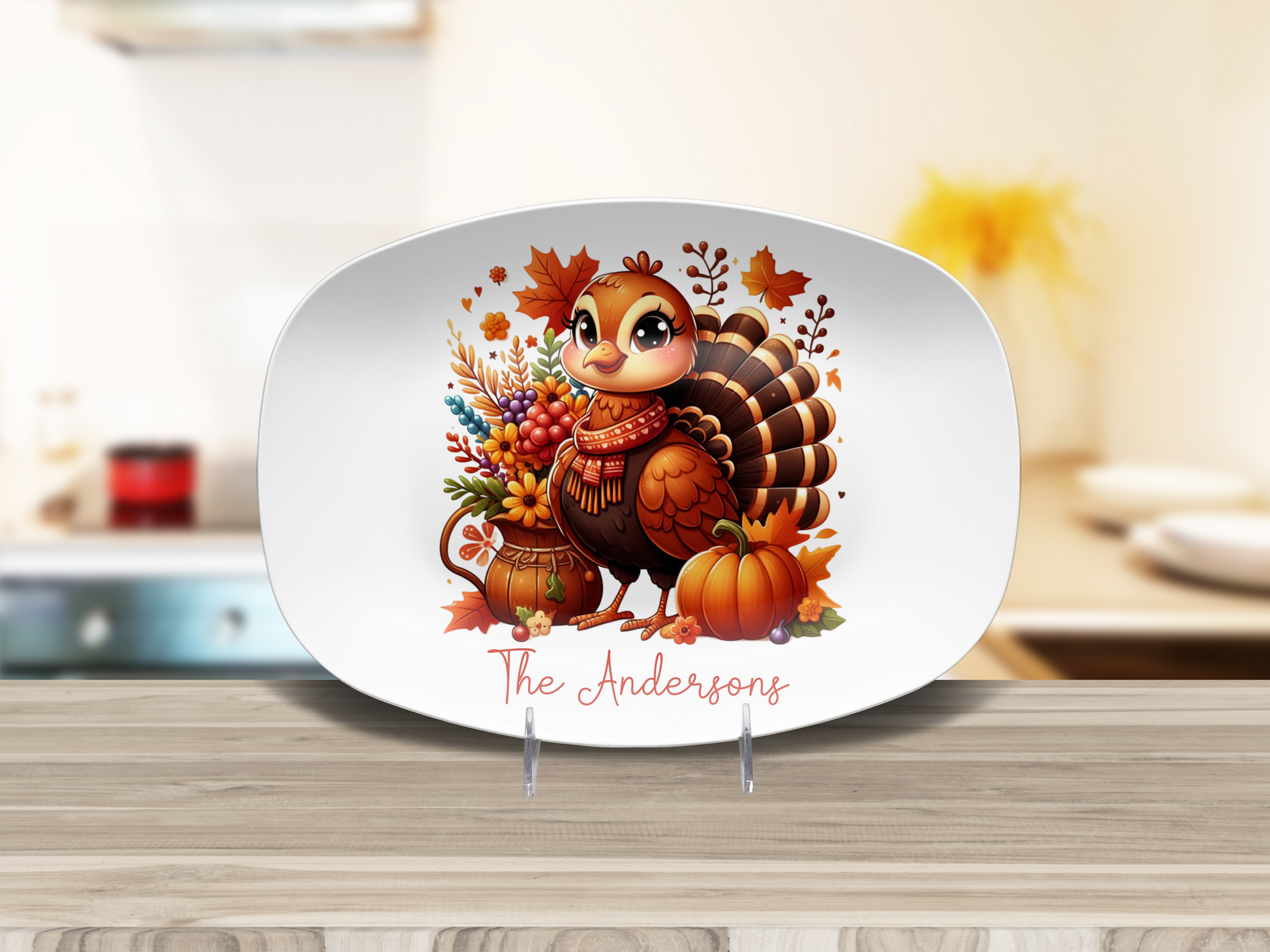 Custom Thanksgiving Turkey Platter, Cute Turkey Family Serving Plate, Personalized Fall Harvest Serving Tray 10 x 14" Unbreakable DecoWare