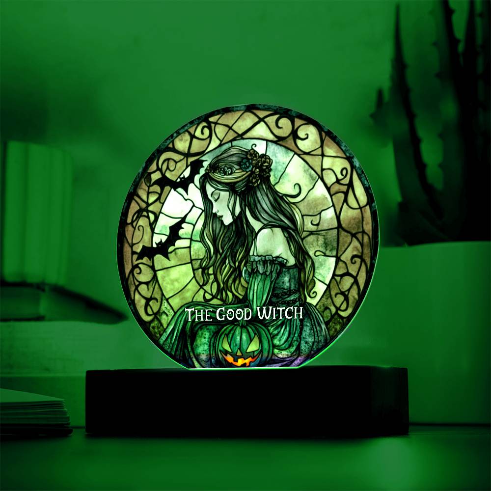 Custom Name Halloween Decoration Light Up Round Acrylic Plaque, Trick or Treat Party Light LED, Jack O Lantern Bats Witch Faux Stained Glass