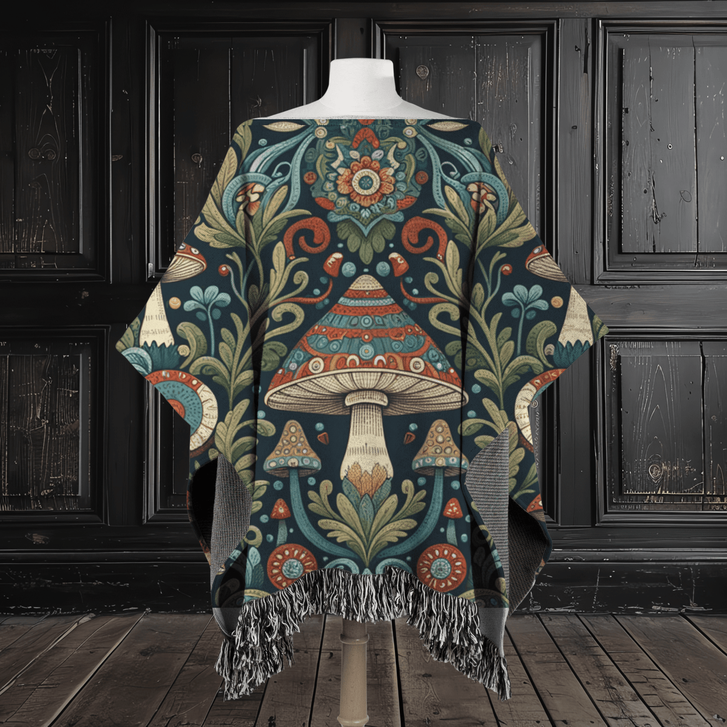 Forest Mushroom Motif Boho Poncho, 50" x 60"