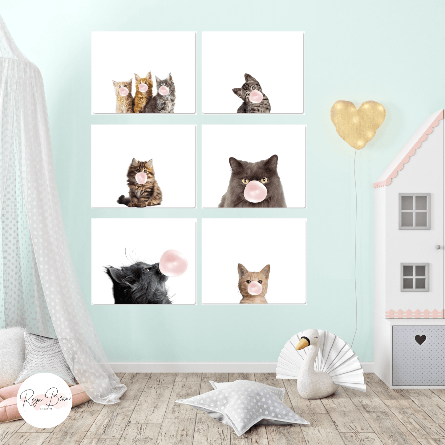 Cute Grey Cat Blowing Bubblegum - Metal Wall Art