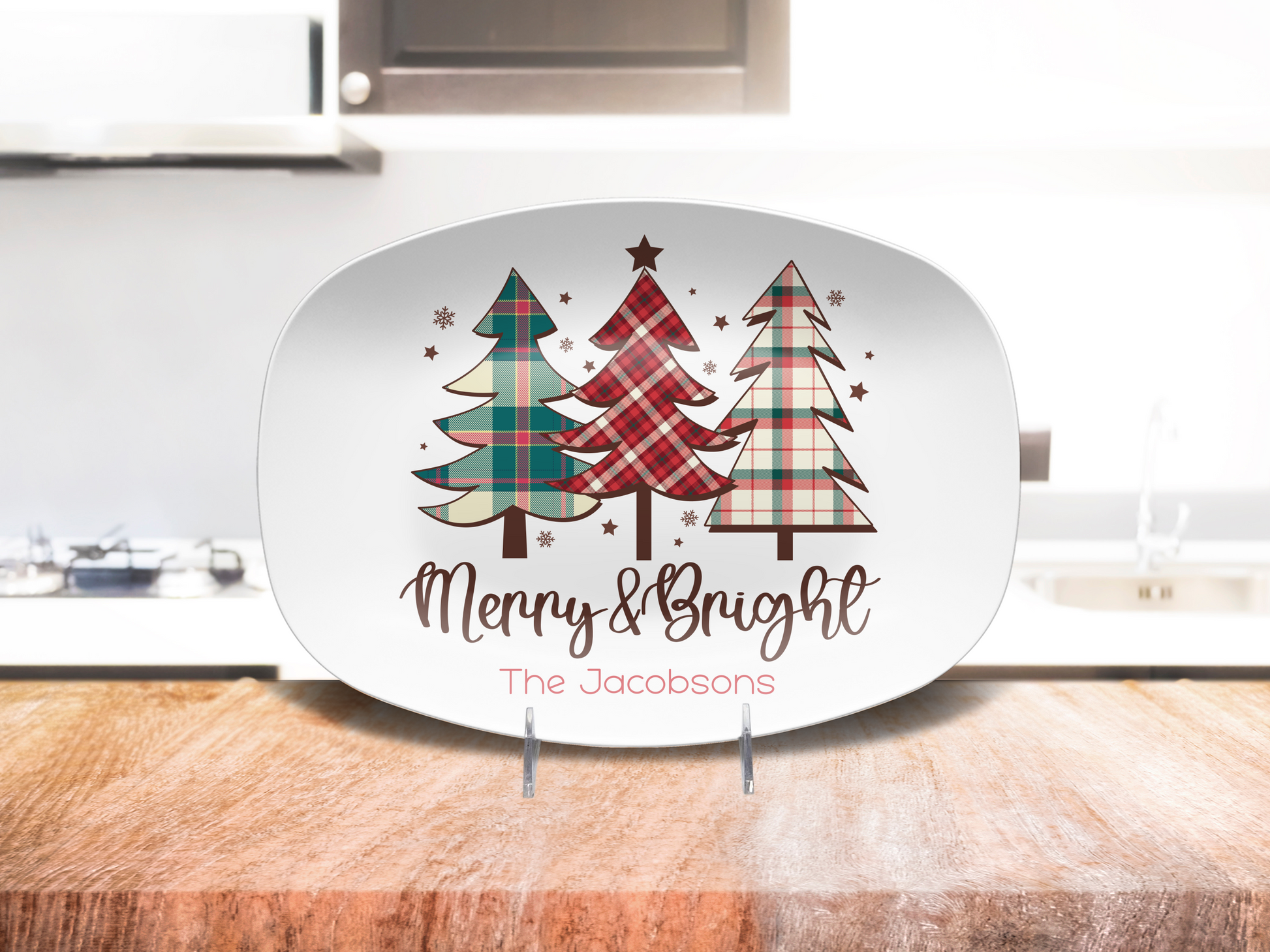 Custom Christmas Platter, Festive Holiday Kitchen Tray Merry & Bright, Personalized Family Name Holiday Plate, Unbreakable BPA-Free 10 x 14"