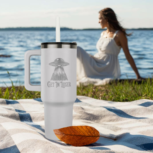 Get in Loser Alien Spaceship Laser engraved 40oz Tumbler, Funny Insulated Mug with Straw, Nerd Humor UFO Flying Saucer, Sci-Fi Fan Gift Mug