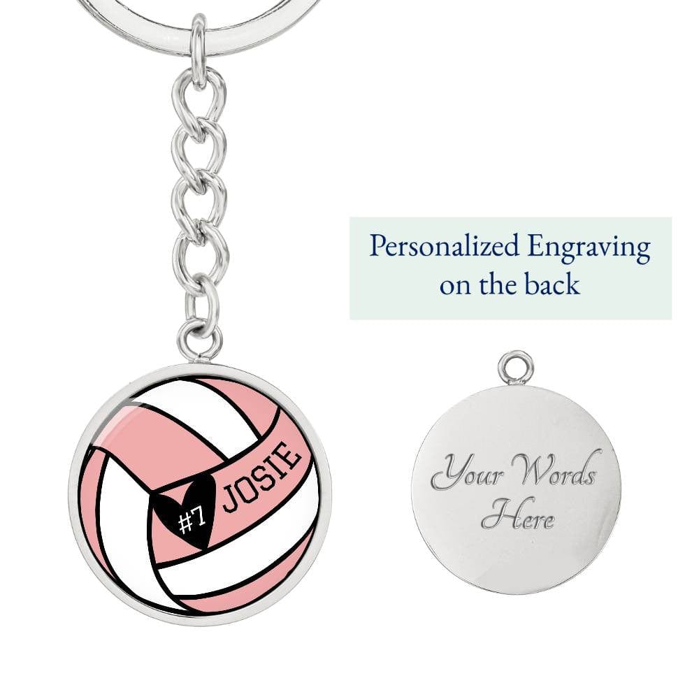 Custom Volleyball Pink Keychain for Her, Personalized Vball Player Name Sports Number Circle Engraved Team Gift, Coaches Gift Senior Night